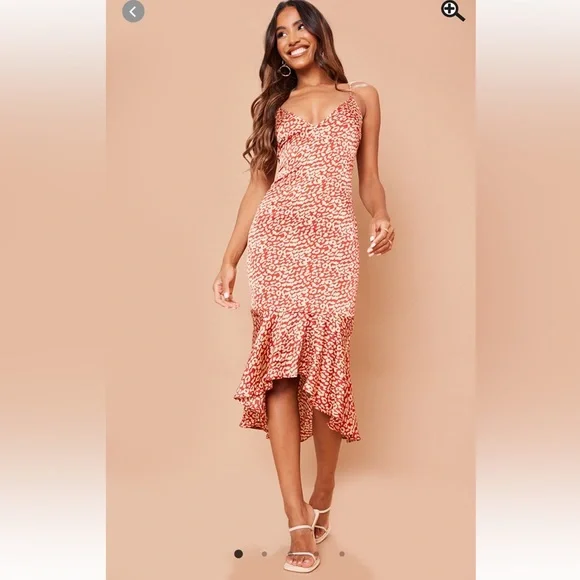 Red leopard print frill hem midi dress